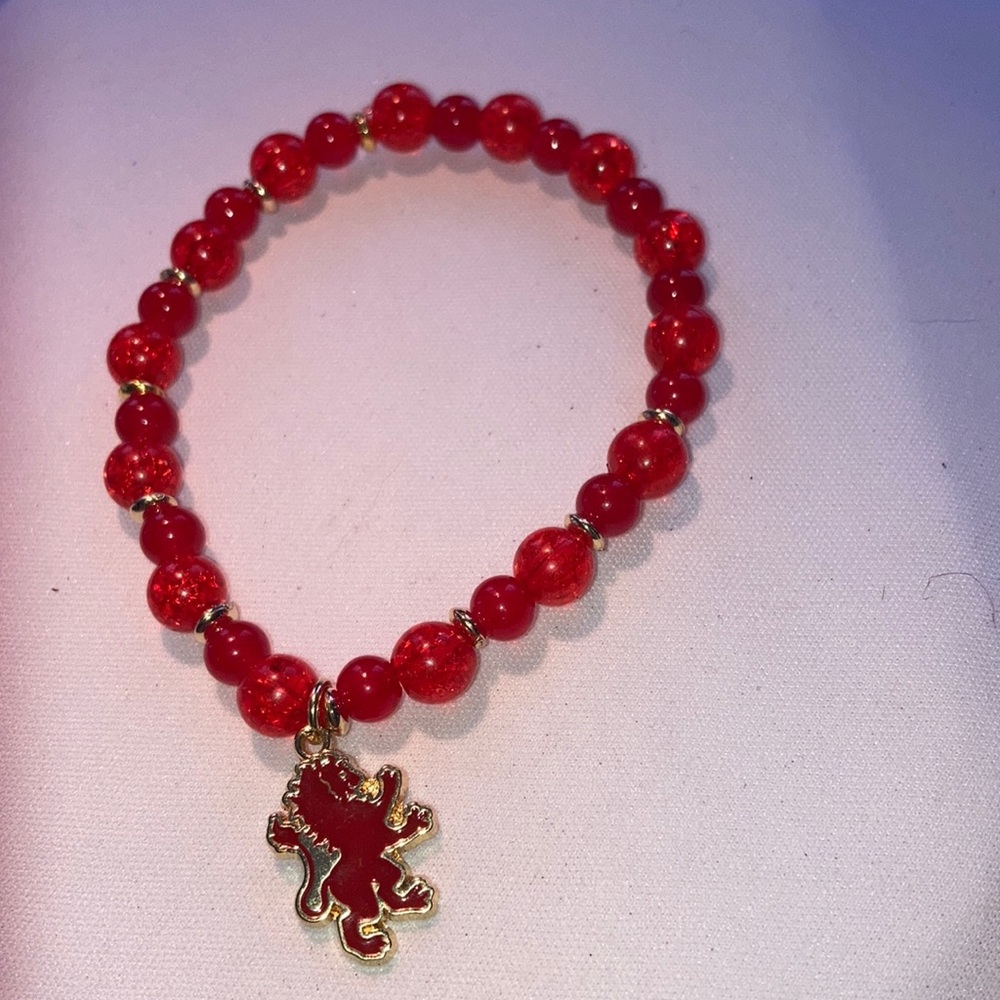 Red Glass Beaded Bracelet with Gryffindor Charm